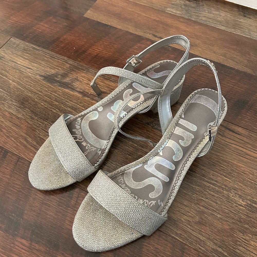 Sparkly silver block heels
